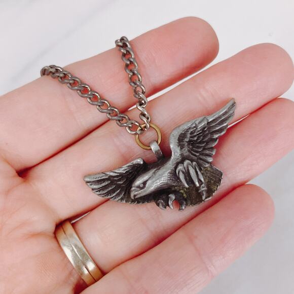VTG 1970s Pewter Eagle Pendant Necklace Biker Style Chain Jewelry Unisex - Picture 4 of 11